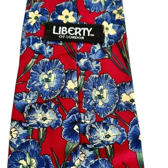 Vintage Liberty of London Floral Silk Tie Red with Blue Flowers - Picture 3 of 4